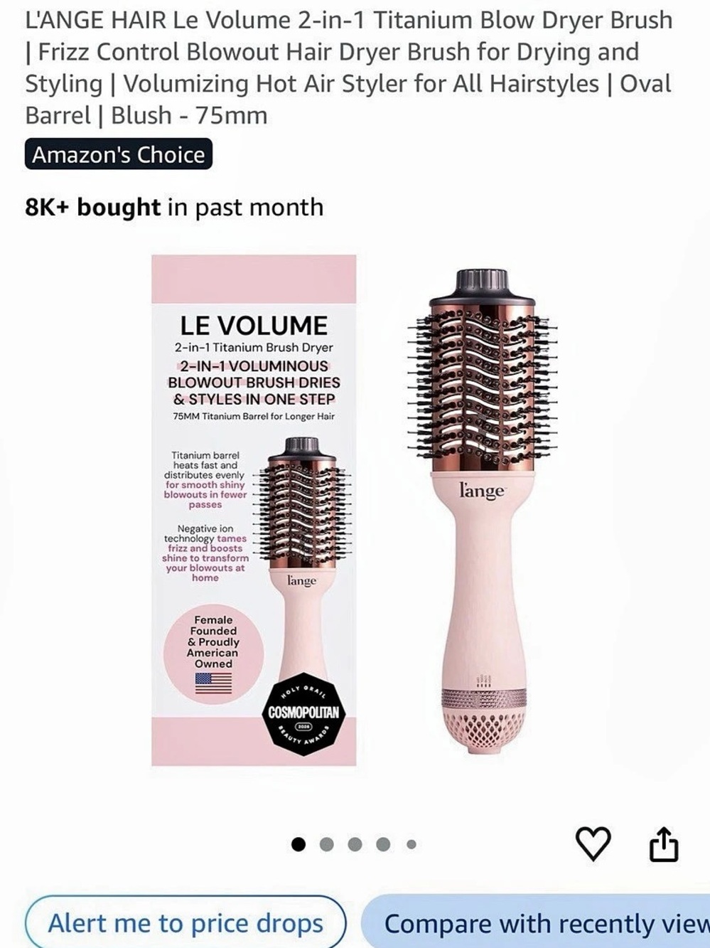 L'ANGE Le Volume 2-in-1 Titanium Blowout Brush 75mm Pink NWT